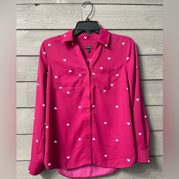 Talbots Tops - Talbots Fuscia Pink Long Sleeved Button Up Blouse with Whitr Hearts Sz Petite